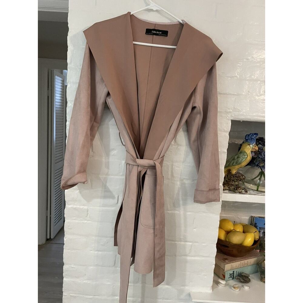 NWOT ZARA Dusty Pink Faux Suede Hooded Duster/Jacket Size M Tie Belt Waist